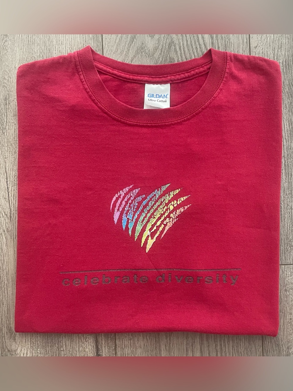 Vintage “Celebrate Diversity” Red Short Sleeve Tee with Heart Graphic